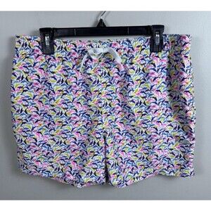 chubbies Men's Swim Trunks in White with Pink, Blue, Yellow & Navy Dolphin Print